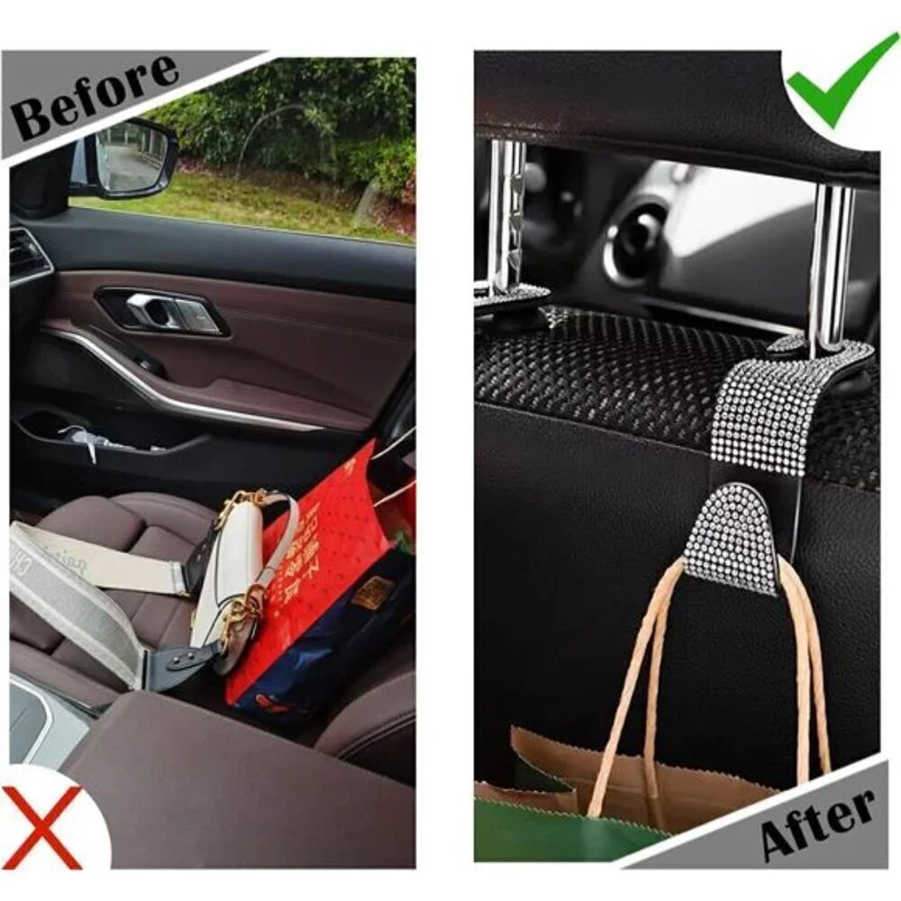 Bling Car Seat Hooks Black (2 Pack) Bling Rhinestones Crystal Hanger Organizer